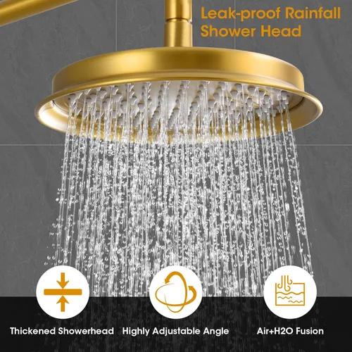 Miniatura 4 de Cabezal de ducha de lluvia con combo de mano, sistema de ducha dorado cepillado con válvula de presión de equilibrio, cabezal de ducha de 9 pulgadas