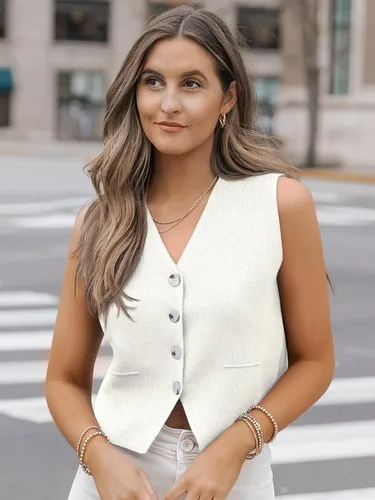 Miniatura 3 de LILLUSORY Camisetas casuales de negocios para mujer, estilo 2024, suéter sin mangas, cuello en V, con botones, recortada