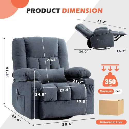 Miniatura 2 de Silla reclinable con portavasos para sala de estar, reclinable manual de tamaño grande con asiento individual, ergonómico, bolsillo lateral