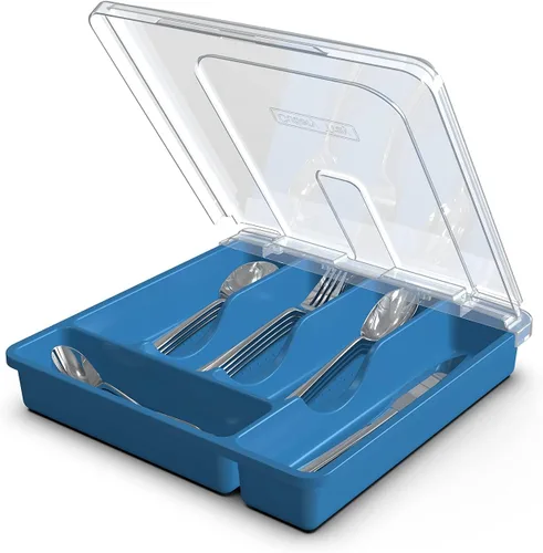 Miniatura 10 de Bandeja para cubiertos con tapa, organizador de cajones para utensilios de cocina, organizador de cubiertos de plástico para encimera de cocina