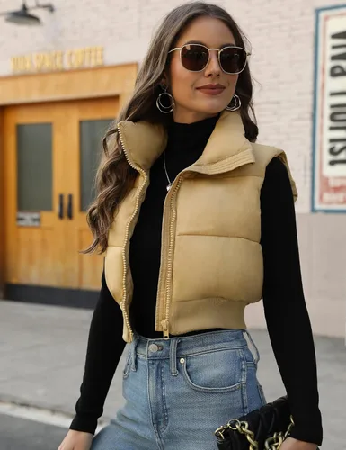 Miniatura 18 de Gihuo Chaleco acolchado recortado para mujer, sin mangas, chaqueta acolchada, chaleco acolchado para invierno, con cremallera completa, abrigo ligero
