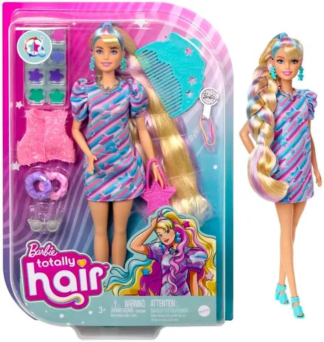 Barbie Muñeca Totally Hair, temática de estrellas con cabello de fantasía de 8.5 pulgadas y 15 accesorios de peinado (8 con función de cambio de