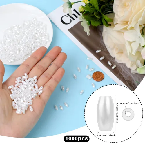 Miniatura 3 de KALIONE 1000 cuentas de arroz de avena, cuentas sueltas para hacer joyas, cuentas largas blancas ABS con agujero de 0.079 pulgadas para pulseras