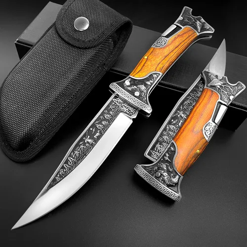Miniatura 8 de MADSABRE Cuchillo de cabaña semi plegable grande de 12.7 pulgadas con hoja de 7.9 pulgadas de largo, mango de madera con patrón de relieve 3D