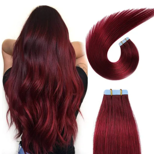 Miniatura 31 de SUYYA - Extensiones de cabello adhesivas de color borgoña; cabello humano 100 % real; extensiones de cabello adhesivas, invisibles, lacias y sin