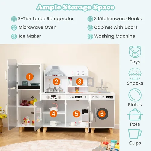 Miniatura 5 de HONEY JOY Juego de cocina para niños, 3 piezas, modular de madera de esquina, juego de cocina, refrigerador/lavadora y fregadero, campana extractora