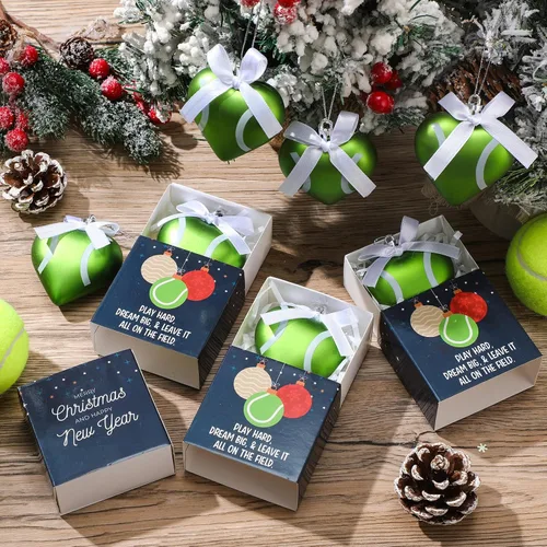 Miniatura 4 de Jenaai 12 juegos de adornos de Navidad de tenis de 2.4 pulgadas, adornos deportivos colgantes para árbol de Navidad con caja de color, mini pelota