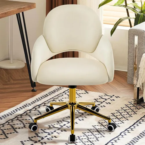 Miniatura 7 de Furniliving Silla de tocador con ruedas, linda silla de oficina tapizada con respaldo ahuecado, silla decorativa ajustable en altura con base