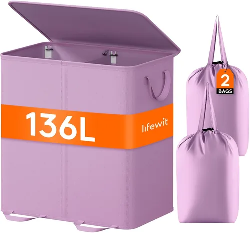 Miniatura 26 de Lifewit Cesta de lavandería doble con tapa y bolsas de lavandería extraíbles, gran plegable, 2 divisores, cesta de ropa sucia con asas para Negro