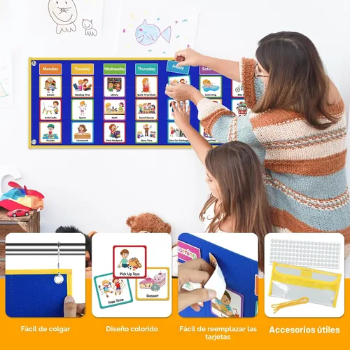 Miniatura 7 de Gran horario visual para niños, tabla de recompensa de tareas domésticas, tabla de rutina para niños pequeños, planificador semanal de doble cara