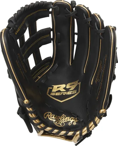 Miniatura 3 de Rawlings Guantes de béisbol de la serie R9 Tamaños 11.5 a 13 pulgadas Múltiples estilos Pro H-Web Negro/Oro
