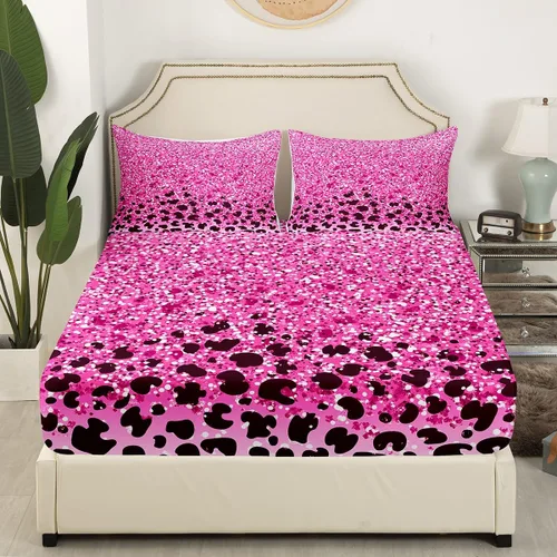 Miniatura 2 de Sábana bajera ajustable con estampado de leopardo rosa, tamaño individual, con lentejuelas brillantes y brillantes, suave y lujoso, ropa de cama