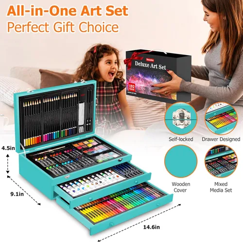 Miniatura 8 de Soucolor Suministros de arte, paquete de 192 piezas de arte de lujo, suministros de pintura de dibujo, kit de arte con almohadilla acrílica, Verde