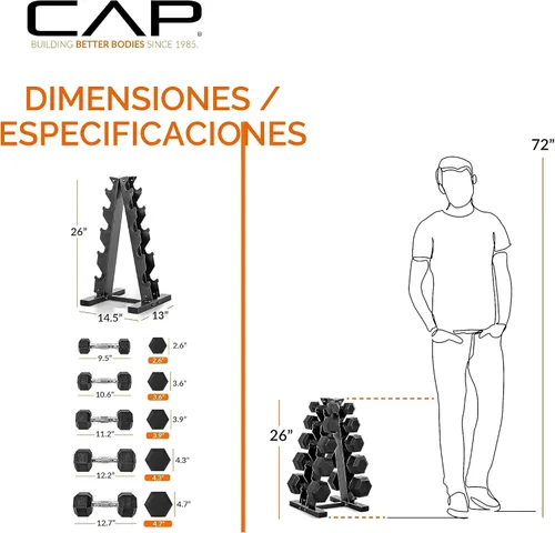 Miniatura 5 de CAP Juego de mancuernas hexagonales con revestimiento de goma con estante de almacenamiento, opciones de 100 a 210 libras, almacenamiento compacto