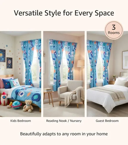 Miniatura 4 de Cortinas de sirena para dormitorio de niñas con caballitos de mar y estrella de mar; 4 cortinas temáticas de sirena para niños con 2 paneles de 82 x