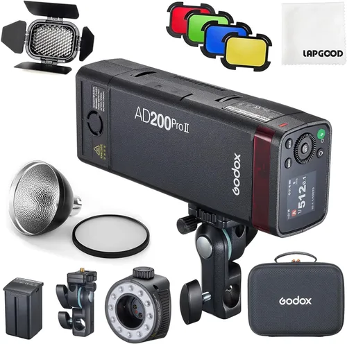 Godox AD200 Pro II Godox-AD200Pro II Godox AD200ProII Kit con puerta de granero BD-07 y soporte AD-S2, 500 destellos de potencia completa, indicador