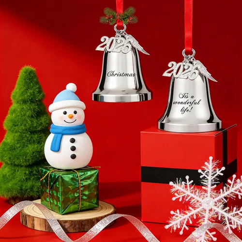 Miniatura 7 de JUPPE Adornos de campana de Navidad grabados en plata 2025 con texto en inglés "It's A Wonderful Life" para árbol de Navidad, boda, aniversario