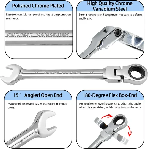 Miniatura 3 de Llave de trinquete de cabeza flexible de 22 mm, llave combinada de 12 puntos de acero cromado vanadio con engranaje de trinquete de 72 dientes