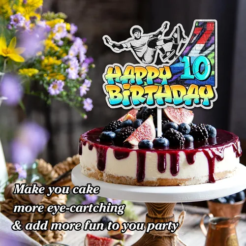 Miniatura 7 de Decoración de pastel de patineta retro hip hop, temática musical de décimo cumpleaños, decoración de grafiti feliz para niños y niñas, decoración