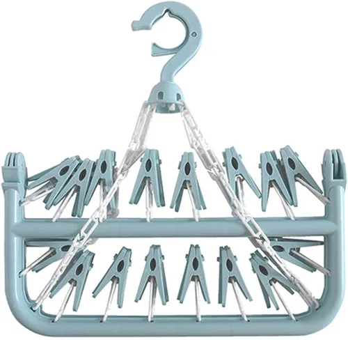 Miniatura 7 de Clip plegable y colgador de goteo, 1/2 piezas de ganchos plegables con 32 clips de secado, estante de secado plegable con 32 clips para secar Azul