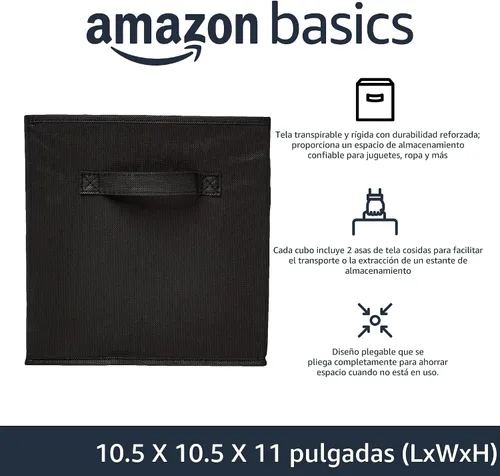 Miniatura 2 de Amazon Basics, Organizador de almacenamiento de tela plegable en forma de cubo con asas, resistente, negro, 10.5-x-10.5-x-11 pulgadas, paquete de 6