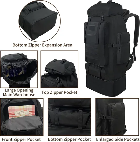 Miniatura 5 de Mochila de senderismo, mochila grande de 100L para acampar, mochila MOLLE impermeable y expandible, mochila táctica militar para deportes al aire