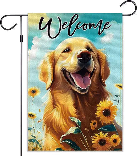 Balgardekor Bandera de jardín de perro de verano Golden Retriever de doble cara de bienvenida para perro, girasol de temporada, decoración floral