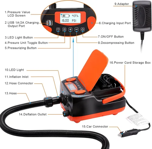 Miniatura 7 de AGPTEK Bomba de aire eléctrica digital 16PSI 12V recargable SUP compresor de bomba de aire eléctrica, inflador/desinflador de aire rápido, bomba