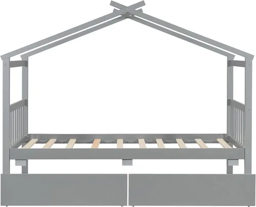 Miniatura 6 de Bellemave Cama Casa Tamaño Twin con 2 Cajones de Almacenamiento Cama Casa Montessori de Madera para Niños Marco de Cama de Madera Casa de Juegos Gris