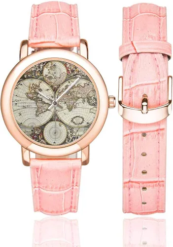 Miniatura 2 de Old Map of World - Reloj de pulsera para mujer, chapado en oro rosa, correa de cuero rosa