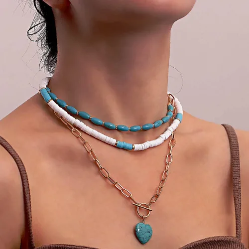 Miniatura 2 de Gangel Collar bohemio con forma de corazón, collares en capas de turquesa, gargantilla de surfista, collar de concha de puka, collar de playa