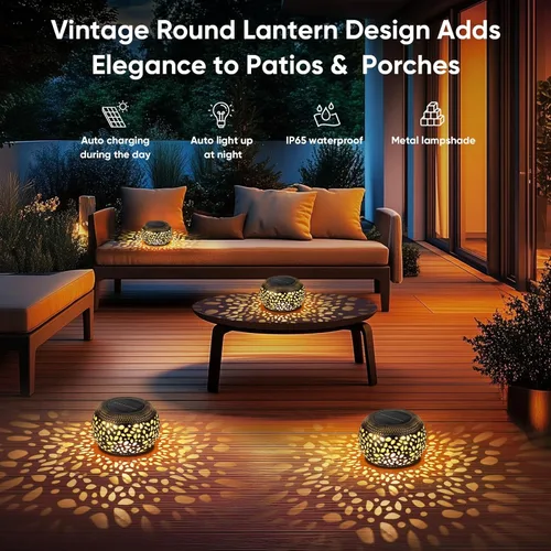 Miniatura 5 de Farol solar para decoración de patio al aire libre: faroles solares para exteriores, impermeables, ahuecados, retro, metal, alimentados por energía