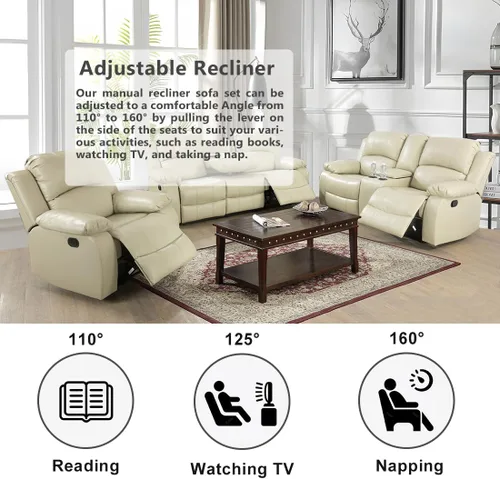 Miniatura 5 de Conjunto de sofá para sala de Estar, sillón reclinable de cuero transpirable, sofá de 3 plazas para cine en casa con tazas para apartamento, oficina