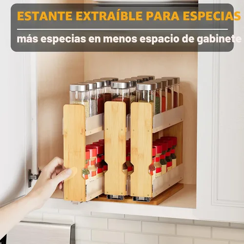 Miniatura 5 de SpaceAid - Organizador de especias extraíble de bambú para gabinete, organizador de condimentos deslizante y resistente para cocina y despensa