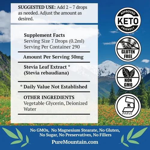 Miniatura 3 de Pure Mountain Botanicals Gotas de Stevia líquidas, edulcorante natural, concentrado sin azúcar, sustituto apto para diabéticos, ideal para dieta