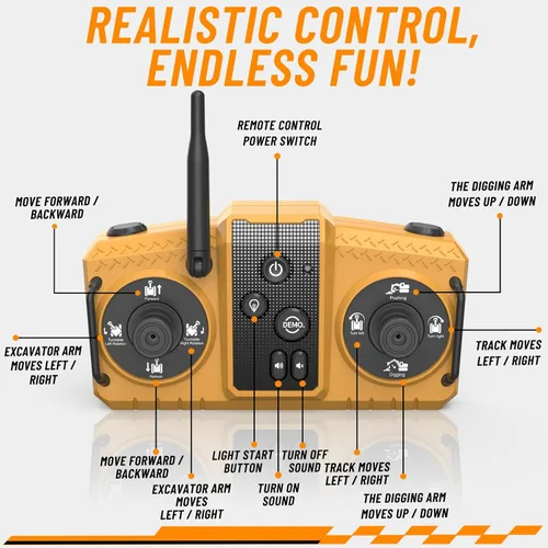 Miniatura 7 de kolegend Juguete de excavadora a control remoto 3 en 1 de 14 canales, juguete de excavadora RC para niños de 3 a 12 años con balde/garra/taladro