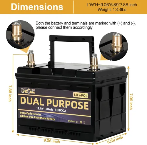Miniatura 2 de WEIZE Batería LiFePO4 de doble propósito de 12V 60AH 800CCA, batería de litio de arranque del grupo 24 más rendimiento de ciclo profundo, BMS