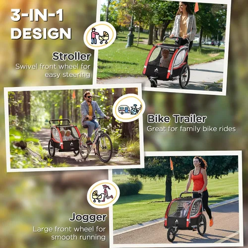 Miniatura 3 de Aosom Remolque de bicicleta de bebé 3 en 1 para niños, 2 plazas, cochecito de bicicleta de alta visibilidad para carro pequeño, accesorio de Rojo