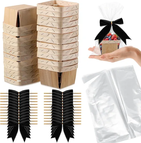 Kigley Juego de 24 cestas de regalo de madera con bolsas de celofán y lazos, kit de mini cestas de bayas vacías para recoger frutas, graduación,