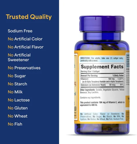 Miniatura 6 de Puritan's Pride Vitamina E 184 mg (400 UI) con selenio 50mcg, suplemento vitamínico para el sistema inmunológico y apoyo antioxidante para la salud