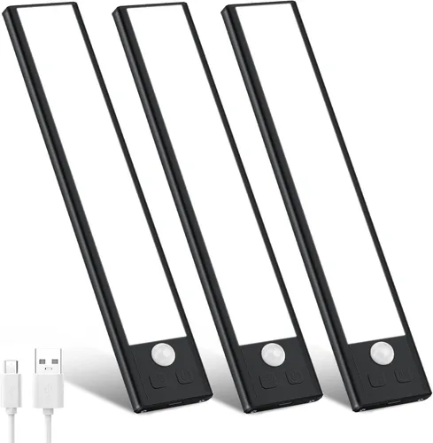 Paquete de 3 luces LED para debajo del gabinete, 32 luces LED de color blanco frío recargables debajo del gabinete, luces LED con sensor de Negro -