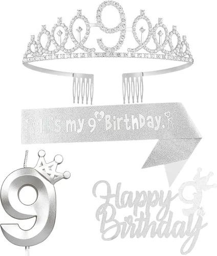 Miniatura 31 de Decoraciones de cumpleaños número 7 para niña, que incluyen corona/tiara de cumpleaños número 7, banda, adorno para pastel de cumpleaños y velas