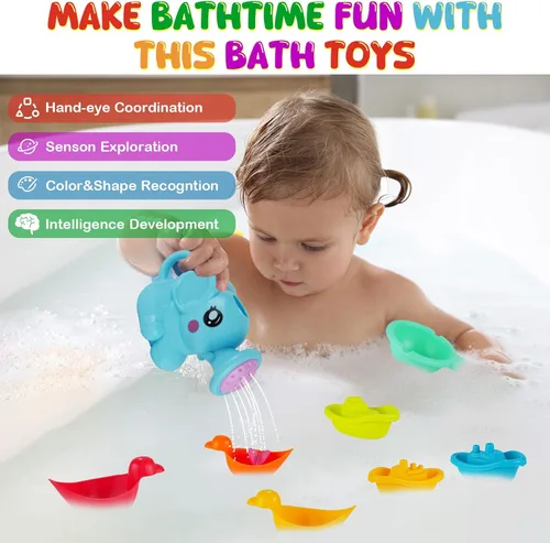 Miniatura 7 de Juguetes de baño para bebés para niños, 12 juguetes de baño sin moho para niños pequeños con botes flotantes, regadera, patos flotantes y cucharas