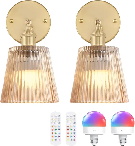 Miniatura 10 de Shenmoyl Juego de 2 apliques de pared vintage con pantalla de vidrio a rayas ámbar, apliques de latón ajustables de 180 grados, con cable de Raya
