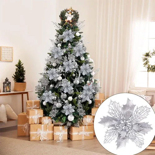 Miniatura 5 de 10 flores artificiales de Navidad de flor de pascua, lentejuelas con purpurina, adornos para árbol de Navidad, decoraciones de flor de pascua