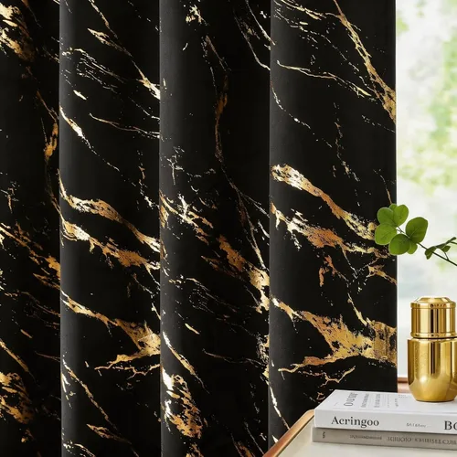 Miniatura 17 de WUBODTI Cortinas 100% Opacas de Mármol Beige de 63 Pulgadas de Largo 2 Paneles, Cortina Corta con Ojales de Impresión de Lámina Dorada Moderna
