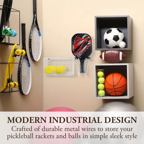 Miniatura 2 de MyGift 16 Inch Wall Mounted Metal Pickleball Paddle Rack and Storage, Hanging Equipment Organizer with Racket Holder and Basket for Balls