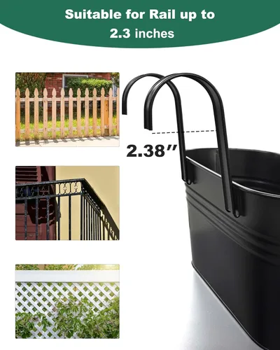 Miniatura 6 de Macetas de barandilla de metal para plantas al aire libre – 5 macetas colgantes de balcón con ganchos desmontables y agujeros de drenaje, macetas
