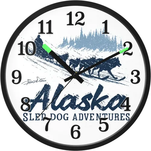Yuiboo Battery Operated Silent Non-Ticking Clock Luminous Voice-Activated Wall Clocks Alaska Sled Adventures Vintage Beige 12 Inch for Living Room