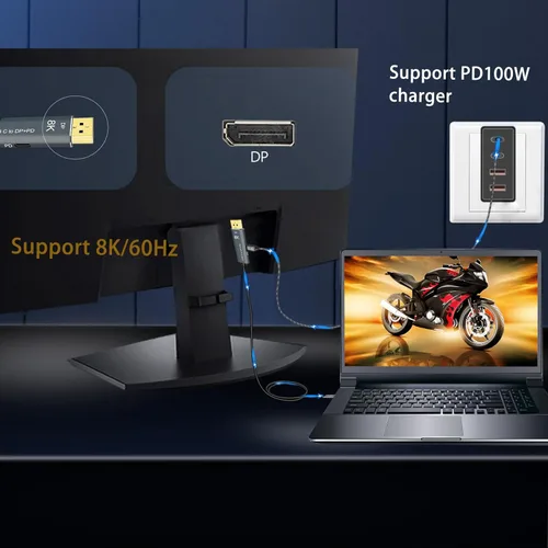 Miniatura 6 de Cable USB C a DisplayPort 1.4 de 3.3 pies con puerto hembra PD de 100 W [HDR, 8K @60Hz, 4K @144Hz, 2K @240Hz], cable tipo C a DP1.4, compatible